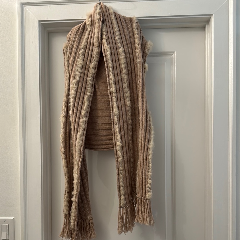 Cozy Tan Knit Fur Vest with Fringe